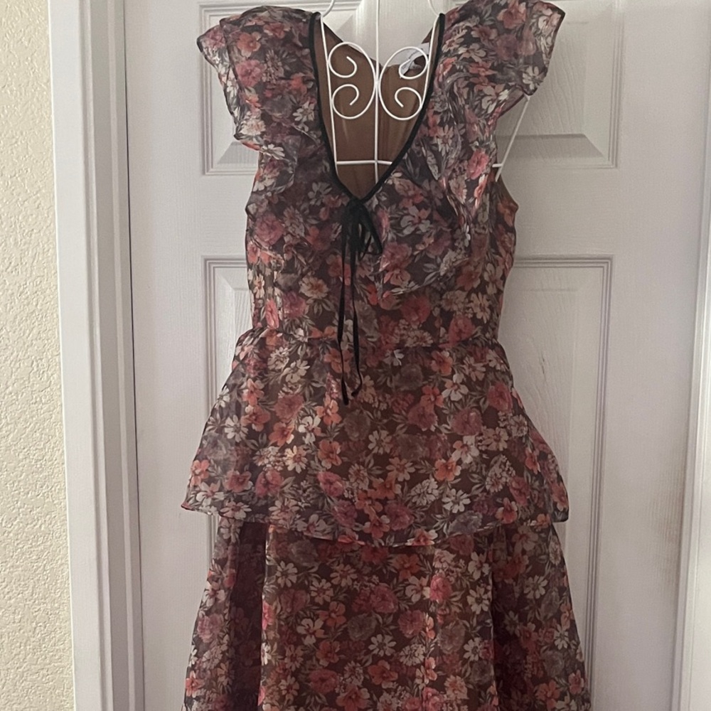 Lost + Wander Sheer Floral Ruffle Midi Dress in Dusty Pink and Brown